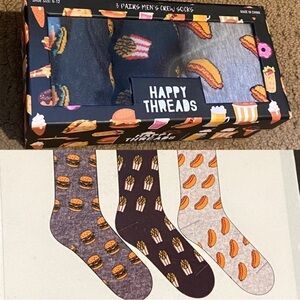 NWT~HAPPY THREADS Men’s 3 Pairs Crew Socks Food Graphic Size 6-12